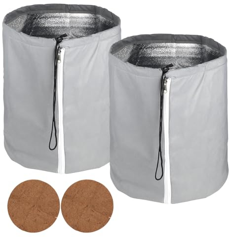 CPROSP 2tlg Thermo Topfschutz für Pflanzen 70 x 65CM, Pflanzenschutz Winter, Frost Schutz für Pflanzkübel Pflanztöpfe für Pflanzen mit Zugband, Reißverschluss & Filz Kokosscheibe Ø 65cm Grau