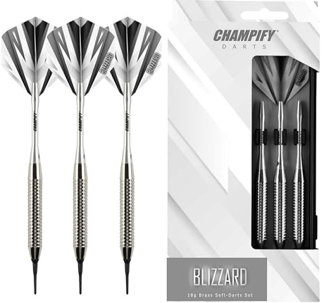 Champify® 18 g soft-darts set Blizzard med plastspets | 3 dartpilar med 6 skaft och 6 flights och 30 mjuka dartspetsar | inklusive andra tillbehör | dartpilar med plastspetsar