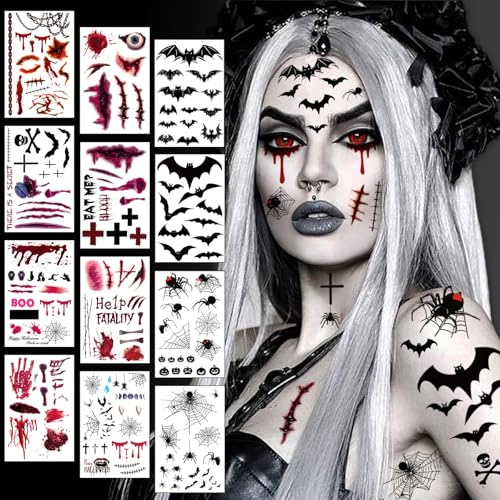 Gesichtstattoo Karneval, 12 Blatt Große Größe Halloween Kostüm Damen Gruselig Accessoires, Erwachsene Hexen Vampir Zombie Teufel Kunstblut Narben Fledermaus Tattoo Gesicht, Schminke Aufkleber Motive