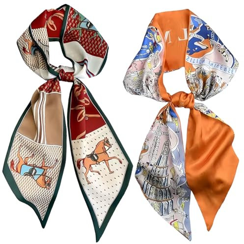 Husalsea 2 Stück Lang Seidentuch und Halstuch Damen, Schicke Kopftücher für Damen in Rot-Grün und Orange, Elegantes Seidenschal Damen, Vielseitiges Tuch und Haartuch zum Binden.