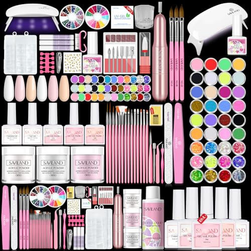 SAVILAND Kit d'Ongles en Acrylique avec Ponceuse à Ongles: 3 Poudre Acrylique avec Equipé de tout le Nécessaire, Lampe a Ongle U V, Pinceau Acrylique, Poudre Pailletée et Accessoires pour Ongle