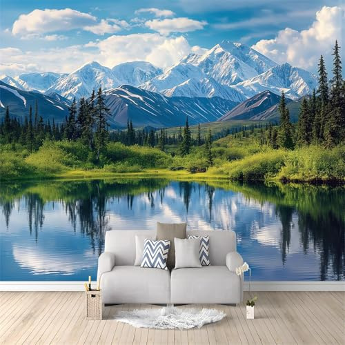 Papier Peint Photo INTISSÉ 400 x 280 cm Nature Montagnes Lacs Poster Géant Affiche Décoration, Bleu Vert Papier Peint Murale Tableaux Muraux Tapisserie Salon Chambre à coucher Peinture murale