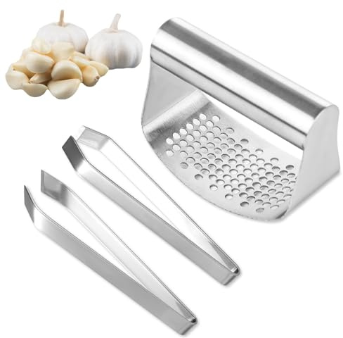Juego de Pinzas para Pelar Ajos y Prensa de Ajos Balancín, 2uds Pelador de Ajos Acero Inoxidable 1uds Prensa de Ajos de Acero Inoxidable Herramientas de Cocina Fáciles y Rápidas
