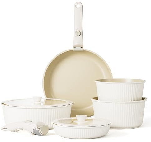 RIOVARM Induction Non Stick Frying Pan and Pot Set with Lids, Ceramic Coated Cookware Set with Detachable Handles, Stackable Kitchen Cookware with Removable Handles, Camping Frying Pan Set, PFOA Free