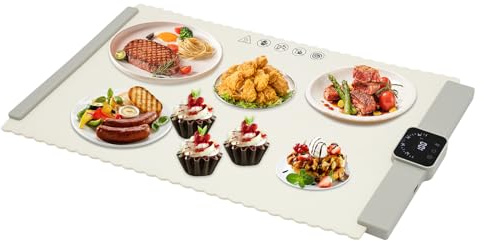 Susoso Food Warmhalteplatte, Lebensmittel-Wärmematte mit Befestigungsriemen und Segeltuchtasche Speisenwärmer Hoher Wirkungsgrad Kindersicherung Präzise Temperaturregelung für Küchen 65x39x2.1cm Weiß