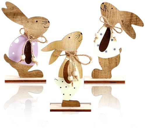 CIYIN 3 Pezzi Coniglietto Pasquale in Legno, Supporto Coniglietto Pasquale, Decorazione Coniglietto Pasquale, Regalo di Pasqua per Bambini e Famiglie