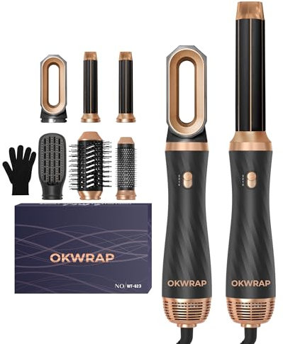 Air Styler Set Magic Styler OKWRAP Hair Styler 6 in 1 Hair Dryer Brush with Curl, Straighten, Volumise, Smooth and Hairdryer Brushes for Styling, Hot Hair Styler for All Type/Length
