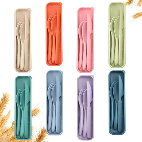 Jiayaus 8 Couvert Plastique Reutilisable avec étui, Ensemble de Couverts de Camping, Portables Couverts de Voyage Couteau Fourchette CuillèRe pour Le Travail, Voyage, l'école, Le Pique-Nique