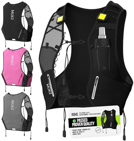 MUKZ LED Running Vest - Unisex, Adjustable, Lightweight and Breathable with Storage - Waterproof Phone Holder Reflective Running Backpack - Hydration Pack (Black, One Size)