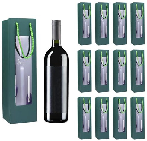 xocome 12er-Set Weinflaschenbeutel mit Sichtfenster & Griff – Grüne Geschenktüten für Weinflaschen, ideal für Hochzeiten, Partys & Events Kraftvolle & stilvolle Präsentation