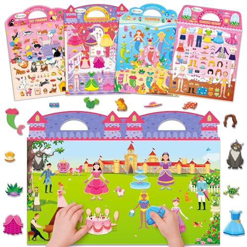 D-FantiX 3D Aufkleber für Kinder 2 3 4 Jahre, 4 Stück Wiederverwendbare Stickerbuch für Mädchen, Anziehsachen, Prinzessin, Meerjungfrau, Haustier, beschäftigung autofahrt kinder reisebeschäftigung