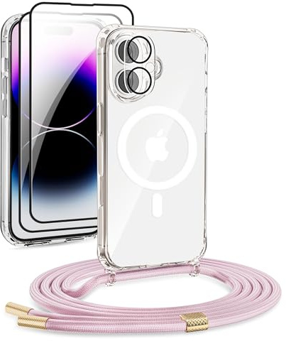 DiDaDi Custodia magnetica Cover per iPhone 16 con cordino [compatibile con MagSafe] 2 pellicole protettive, 1 protezione per fotocamera in vetro, Collana con cordino regolabile (oro rosa)