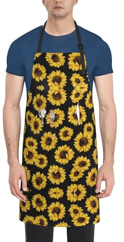 VPPUR Wasserdichte Arbeitsschürze mit Tasche für Erwachsene, Gold-Sonnenblumen, 71,1 x 83,2 cm, Schwarz, Einheitsgröße, Schwarz , One size