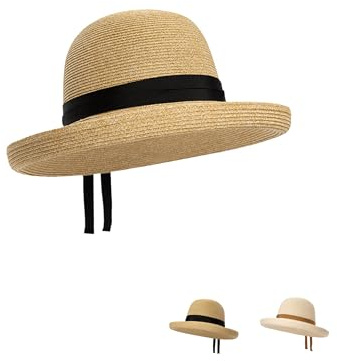 Starblazia Strohhut Damen Sommer UV-Schutz Sonnenschutz Hut UPF 50+ Strandhut Faltbar Damen mit Breite Krempe,Khaki+Schwarz Band