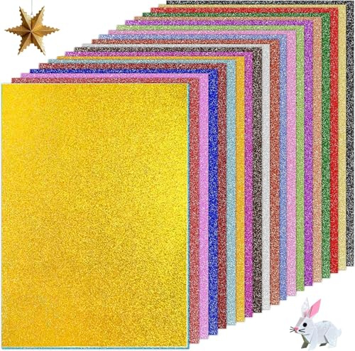 Glitzerpapier zum Basteln, 50 Blatt Buntes Glitzerpapier A4, 20 Farben