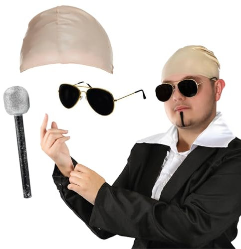 Ensemble d'accessoires Mr Worldwide pour adultes – Casquette chauve en latex nude, lunettes de soleil noires, microphone, patch âme noire – Ensemble d'accessoires de déguisement pour homme et femme
