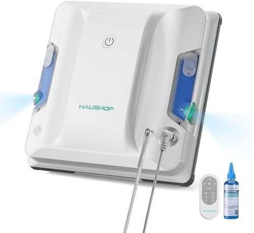 HAUSHOF Robot Limpiacristales Eléctrico 3800 Pa, Robot Limpia Cristales Ventanas con Sistema de Pulverización Bidireccional, Navegación Inteligente, Seguridad Anticaídas, Mando, Sin Zonas Muertas