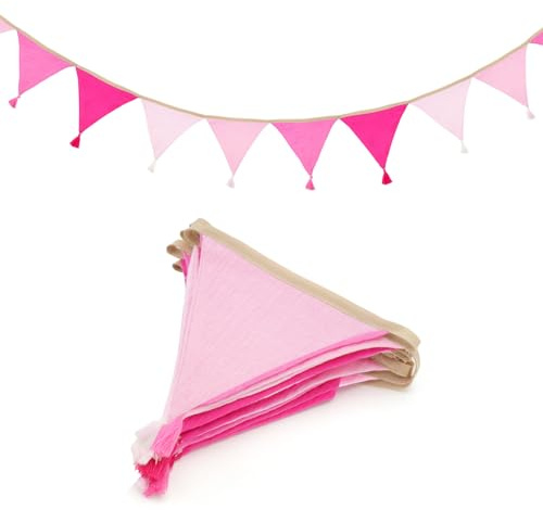 jijAcraft Wimpelkette Kinderzimmer Rosa: 2,8 m Stoffgirlande mit Quasten | Doppelseitige Stoff Wimpelkette aus Musselin-Baumwolle, 12 Wimpel à 15 cm für Mädchenzimmer, Hausbett und Geburtstag