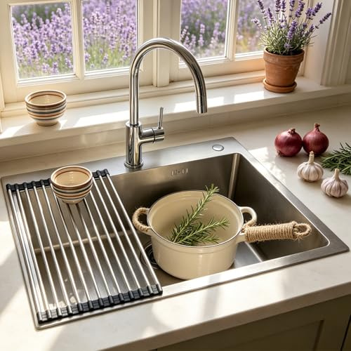 Fregadero de Cocina de Acero Inoxidable 60x45 cm 1 Seno con Escurridor Enrollable, Dispensador de Jabón, Sifón y Kit de Desagüe - Sobre Encimera o Enrasado, Ideal para Caravana, Cocina Pequeña y Barra