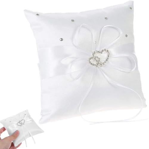 1 pièce Coussin Porte-Alliances Double Cœur, 20x20 cm Coussin de Bague Mariage en Satin, avec Ruban Porte-Anneaux Vintage pour Cérémonie, Fiançailles, Anniversaire, Décoration Romantique (Blanc)
