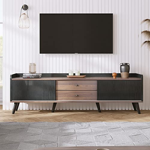 Aislinglen Armoire TV basse avec 2 tiroirs et 2 portes coulissantes, pieds en bois pour téléviseur jusqu'à 40 à 49, meuble bas debout, grand espace de rangement, 160 x 40 x 58 cm (noir)