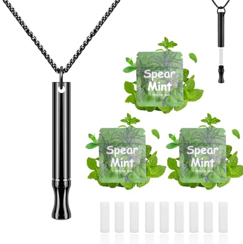 LAMKHOO Breathing Necklace to Quit Smoking and Vaping with Refillable Mint Pods Stop Smoking Aids Fidget Necklace for Anxiety Relief Smokeless Inhaler for Adults (Black)