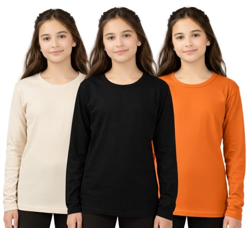 Bahob® Girls Long Sleeve T-Shirt 3 Pack Shirt for Girls Soft Comfort Fit Round Neck Tee Shirt 5-14 Years