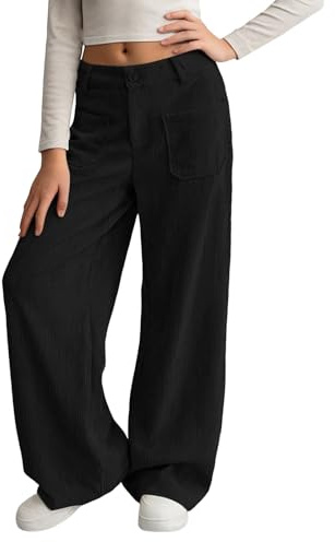 Pantalon large en velours côtelé pour filles - Beige - Confortable - Coupe ample - Jambe droite - Pantalon décontracté avec poches pour enfants - À porter au quotidien - Pour l'école et les jeux