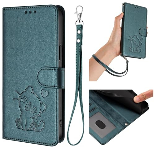 HAOFUGUI Funda Cartera para Moto G22 4G / E32S / E22S 4G, de Cuero PU con Gato Grabado Carcasa, Tapa con Tarjetero Función Soporte y Correa de Muñeca Desmontable-Verde Oscuro