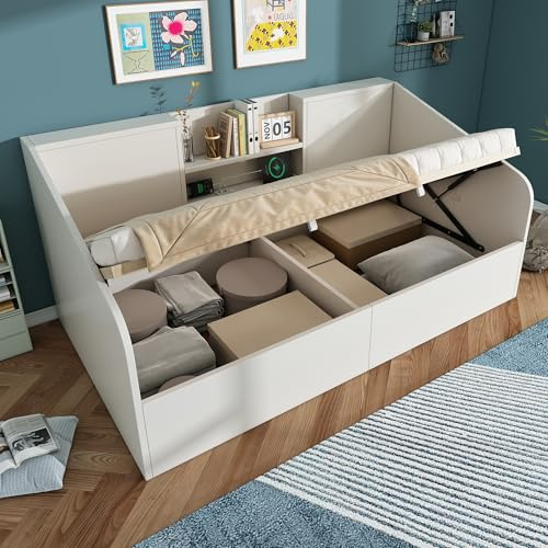 Qsddk Schlafsofa Einzelbett 90x200 cm mit 2 Ablagen, Jugendbett Tagesbett mit USB/Type-C-Ladestation, Hydraulisches Bett mit Stauraum, Bettgestell mit Lattenrost, Ohne Matratze, Weiß