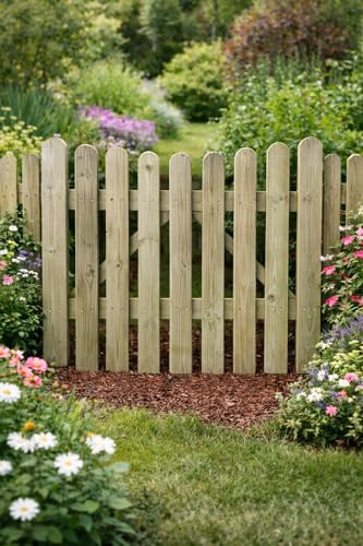 Wooden Garden Under Arched Picket Gate Pressure Treated Timber Pedestrian Fence Gate, Outdoor Wooden Garden Gate with Picket Design (90cm High x 105cm Wide x 5cm Deep)