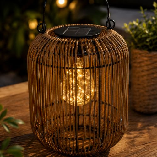 Kremers Schatzkiste LED Solarlaterne Rattan Optik 24cm mit Dämmerungssensor