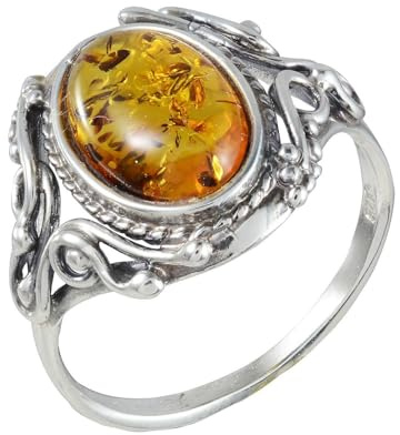 HolidayGiftShops Baltic Honey Amber Ring for Women in 925 Sterling Silver, Genuine Natural Amber Jewelry, Elegant Everyday Ring