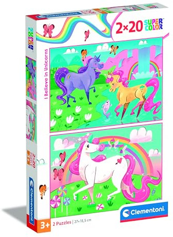 Clementoni 24754 Supercolor Unicorns – Puzzle 2 x 20 Teile ab 3 Jahren, buntes Kinderpuzzle mit besonderer Leuchtkraft & Farbintensität, Geschicklichkeitsspiel für Kinder