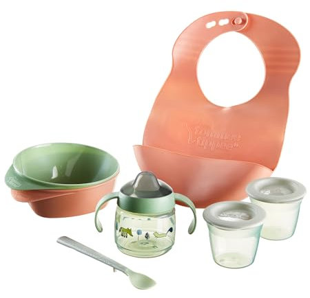 Tommee Tippee First Tastes Weaning Starter Kit, 4+ Months, Toddler Feeding Bowls and Spoons, Roll ‘n’ Go Bib, 100% Leak-Proof Weaning Sippy Cup and Food Storage Pots