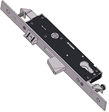 Art. 1410S3522 SERRATURA DI SICUREZZA PER MONTANTI Triplice Catenaccio basculante e scrocco regolabile Cassa stretta 15 mm Frontale Inox- E - 35 Ambidestra