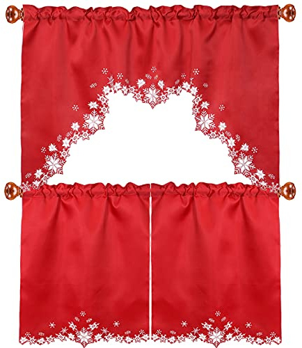Simhomsen Bestickte Schneeflocken Küche Fenster Vorhang Girlande und Etagen Set für Weihnachten und Winter (rot)