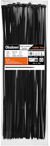 Oksdown 100 Pack Black Thick Cable Ties Heavy Duty Large 300mm×4.8mm Strong Nylon Plastic Self Locking 12 inch/30 cm Extra Long Zip Tie Wraps