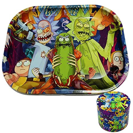 COMBO !!! Ensemble kit set Plateau de roulage Rick et Morty en fer solide + Grinder assorti en 4 parties moulin à épices zinc très robuste (18 x 14 cm 40MM)