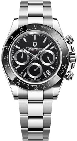 Pagani Design Herrenuhr Saphirglas Chronograph Edelstahl Wasserdicht Leuchtende Uhr Japanisches Uhrwerk Herren Quarzuhr Uhr für Männer（Schwarz/Silber）