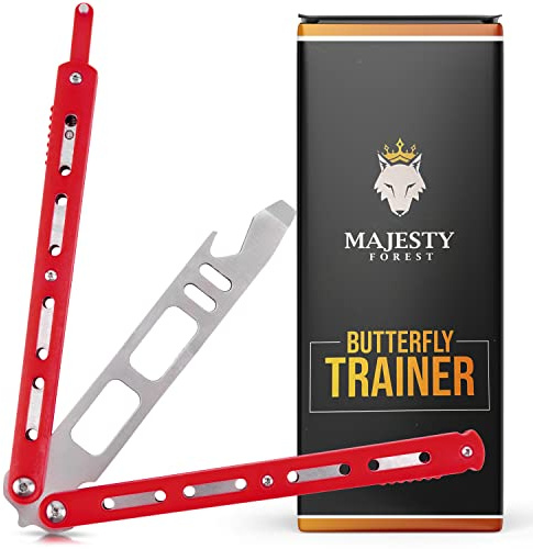 MAJESTY FOREST® Butterfly Trainer - Navaja de entrenamiento Balisong para aprender trucos - Navaja mariposa legal con abrebotellas y destornillador como hoja (Red)