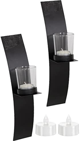 Novaliv 2X Wandkerzenhalter + 2X LED Teelichter 29 x 10 x 6 cm Schwarz Metall Kerzenhalter Dekoration Wanddeko Vintage Deko Teelicht LED Licht Wandhalter