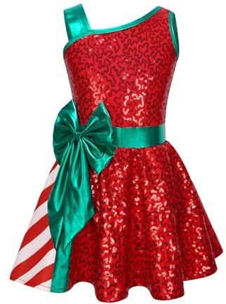 TTAO Mädchen Weihnachten Kleid Kinder Glänzende Paillette Festliches Kleider mit Schleife Eiskunstlauf Kleid Tanzkleid Ballett Trikot Tanz Kostüme Rot 146-152