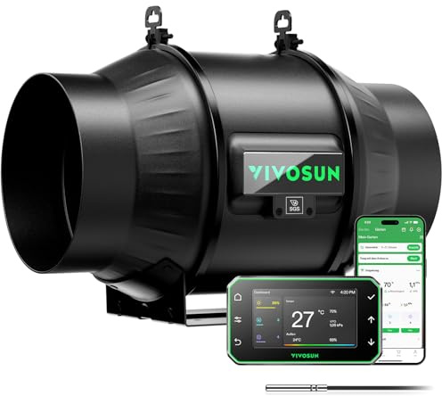 VIVOSUN Inline Duct Fan 6 inch/150 mm & Temperature Humidity Controller E42A WiFi-App Control, Quiet Extractor Fan 693 m³/h with EC Motor, Grow Tent Fan& Smart Thermostat for Growbox Hydroponics