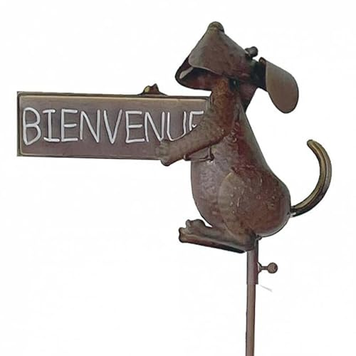 L'Héritier Du Temps Tuteur de Jardin Panneau Bienvenue Écriteau Bienvenue Motif Chien Marron en Métal 10x31x132cm