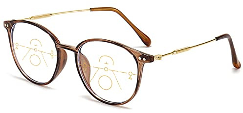 KOOSUFA Mode Runde Gleitsichtbrille Progressive Multifokus Anti-Blaulicht Lesebrille Damen Herren Computerbrille Arbeitsplatzbrille Lesehilfe Metallbügel 1.0 1.5 2.0 2.5 3.0 3.5 4.0