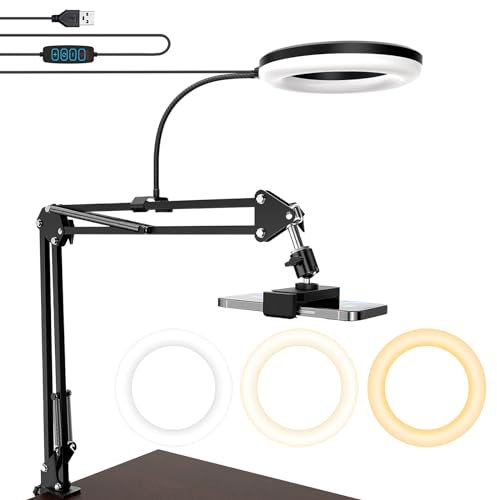 MagLoop Overhead Camera Mount with Ring Light, 6‘’ Overhead Phone Mount Compatible with iPhone Camera Webcam, Articulating Arm Phone Mount for YouTube Live Stream Cooking Nail Video Recording