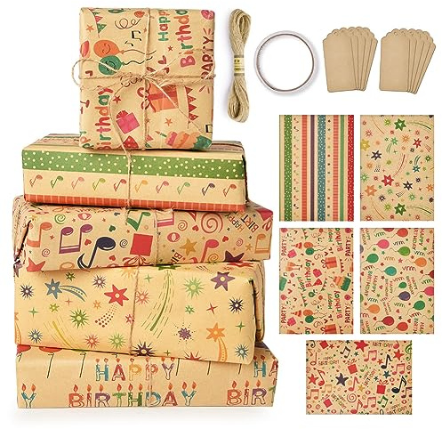 OFFCUP Kraft Geschenkpapier Geburtstag, 5pcs Geschenkpapier Kraft, braunes gefaltetes Papier mit Jutesaiten Enthält 10 Geschenkanhänger und 1 Rolle doppelseitiges Klebeband （Notiz）