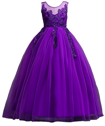 DISSA Robe Fille sans Manches Tulle Dentelle Fête,4-14 Ans | surjet dentelle délicat,nœud classique dos,fermeture cachée,jupe fluide complète,mariage,fête,anniversaire