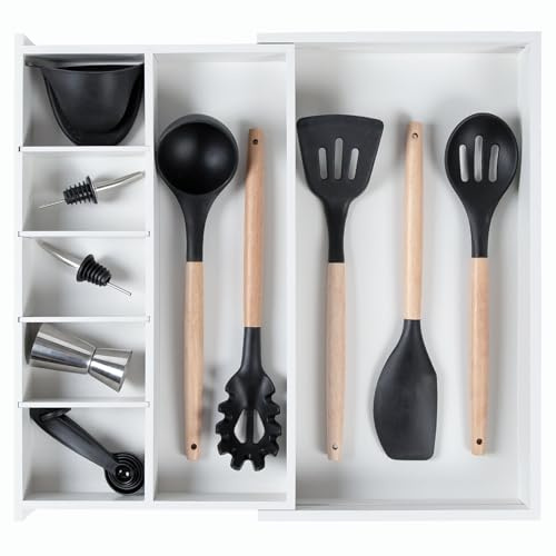 KitchenEdge Organizador de cajones ajustable para utensilios y basura, apto para alimentos, con madera sostenible, expandible de 10.5 a 19 pulgadas de ancho, bambú blanco
